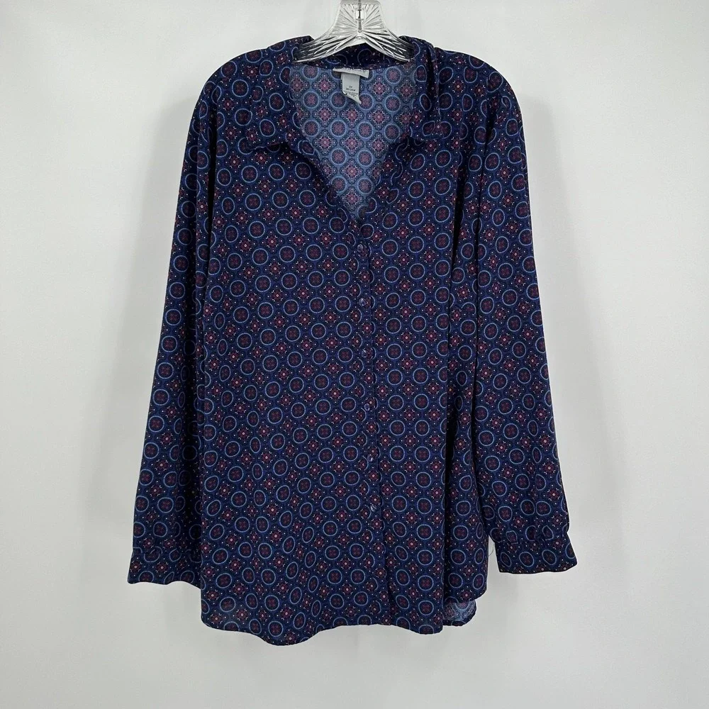 Catherines Womens Boho Medallion Tunic Top Size 3X Modest Button Stretch Office‎